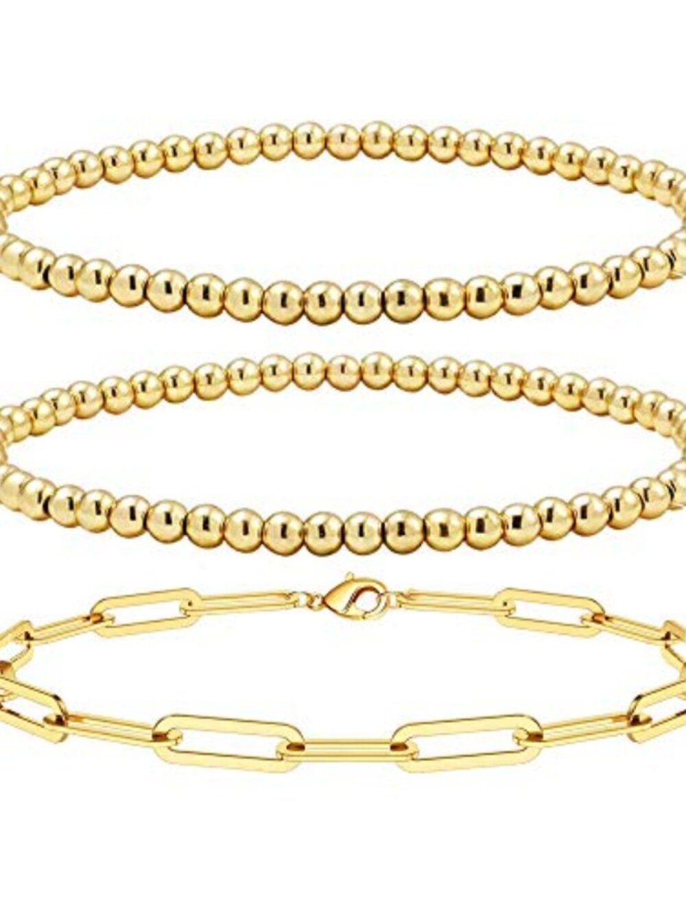 18K Real Gold Plated Stackable Bead Ball Chain Link Bracelets Set